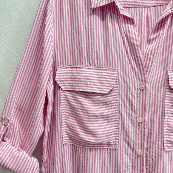 Maeve Anthropologie Blouse Women M Button Down Roll Tab Sleeves Striped Pink - Picture 2 of 12